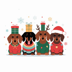 Festive dachshund family with scarves antlers Santa hat, snowflake background, funny holiday pets, cozy Christmas vector