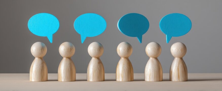 The wooden figures with blue speech bubbles representing communication and group discussion