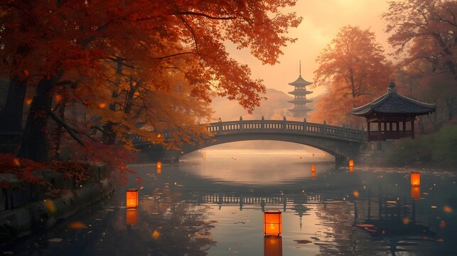 Mystical Asian autumn landscape along a gentle river, surrounded by red and golden maple trees. Floating lanterns drift on the water, misty twilight air. Arched bridge and a distant pagoda in fog.