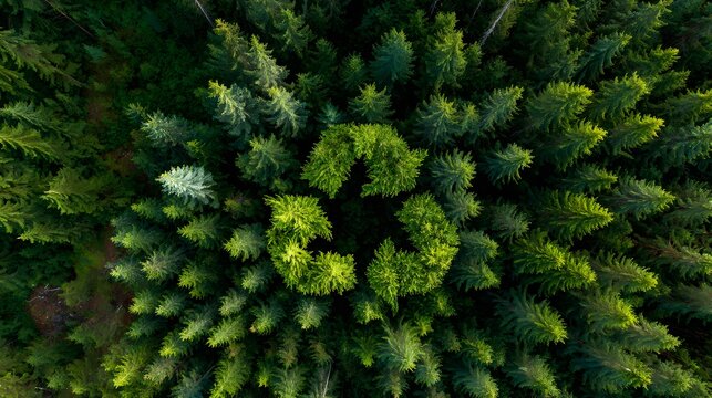 Aerial view captures recycling symbol formed by bright green coniferous trees within a dense forest canopy