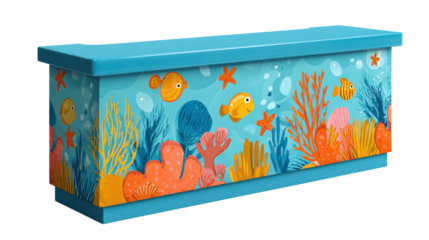 Aquatic-Themed Chest: A whimsical chest, adorned with an aquatic-themed design featuring vibrant coral and playful fish, bringing a splash of marine life to any interior.