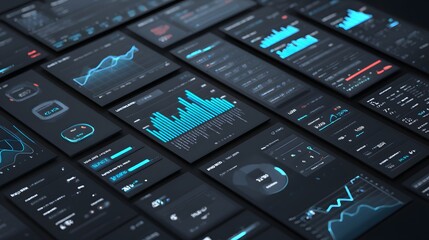 Digital dashboards featuring various glowing cyan charts and statistics displayed on dark rectangular screens.