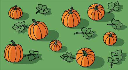 Cheerful Pumpkin Patch A Vibrant Autumn Harvest Scene with Leaves and Orange Pumpkins