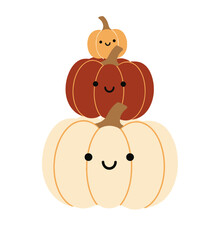 Adorable stack of three cute kawaii pumpkins with smiling faces. Autumn holiday vector illustration for Halloween and Thanksgiving