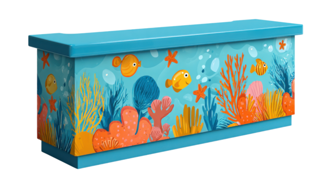 Aquatic-Themed Chest: A whimsical chest, adorned with an aquatic-themed design featuring vibrant coral and playful fish, bringing a splash of marine life to any interior.