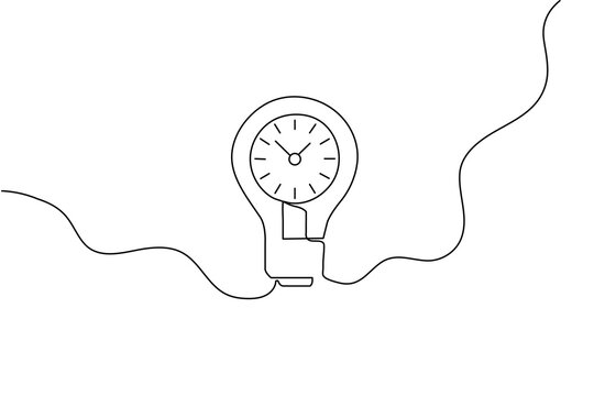 Light bulb with clock inside, continuous line drawin,g time idea concept