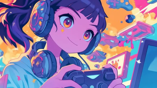 anime girl animation with headset playing games