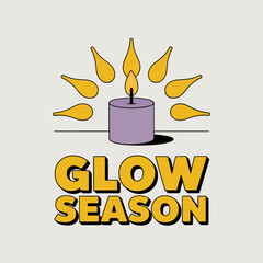 Glow season celebration, purple candle with dancing flames, warm festive typography, cozy winter holiday design, vector illustration, isolated