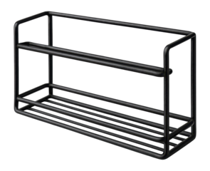 Slim metal wire wall shelf in black, perfect for organizing spices in small kitchens.