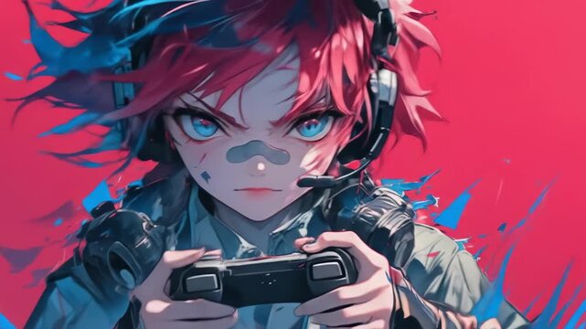 Gamer character with headset, holding game controller, anime style motion animated