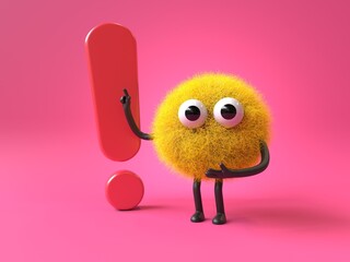 Fluffy, cute monster with an exclamation mark, symbolizing attention or warning. 3D rendering, conceptual image. Isolated on white background.