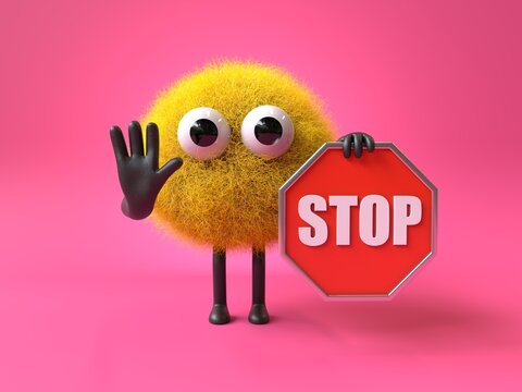 Fluffy, cute monster holding a stop sign, symbolizing caution or halting. 3D rendering, conceptual image. Isolated on white background.