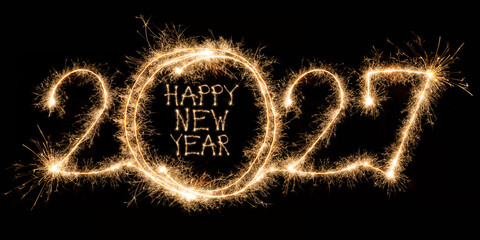 Fototapeta premium happy new year, new year's eve celebration holiday greeting crad long with text - 2027 sparklers font lettering, isolated on black night sky background