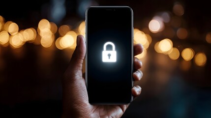 A glowing padlock icon is displayed on the dark screen of a smartphone held by a hand symbolizing digital security and privacy