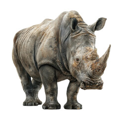 Obraz premium Majestic Rhinoceros: A solitary rhinoceros, a symbol of strength, stands tall with its prominent horn, showcasing the rugged beauty of the wilderness and inspiring awe and respect.