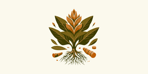 Vibrant stylized illustration of a turmeric plant, showcasing its green leaves, orange flower, and prominent roots and rhizomes, embodying natural health and botanical essence