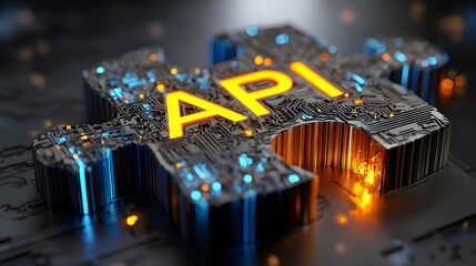 Metallic puzzle piece shaped like a three-letter acronym illuminates with glowing light against a dark background