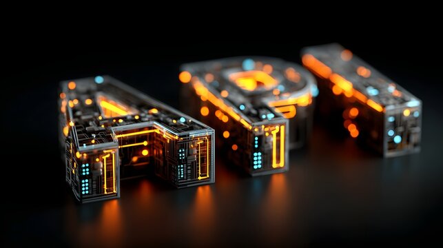 Glowing three dimensional letters representing artificial intelligence glow against a dark background - Powered by Adobe