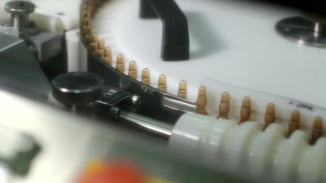 High-definition footage of an automated cleanroom assembly where glass ampoules are washed, filled with injectable medication, sterilized, and hermetically sealed. Showcases precision robotics, strict