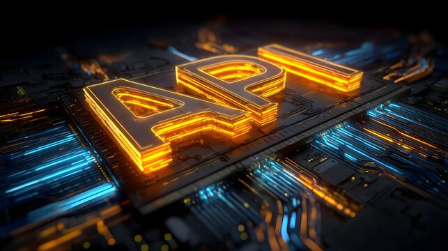 Glowing digital text representing interface programming concept illuminates a complex circuit board background - Powered by Adobe