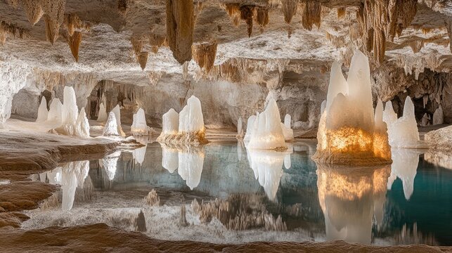 Luminous Crystal Stalagmites Mirrored in the Still Waters of a Subterranean Grotto
