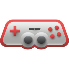 Red and white video game controller with red buttons and joysticks isolated on a transparent background represents gaming and entertainment technology