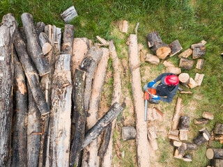 Lumberjack with a chainsaw cutting trees in the forest. Preparing firewood for winter. Top down view. Aerial view from drone
