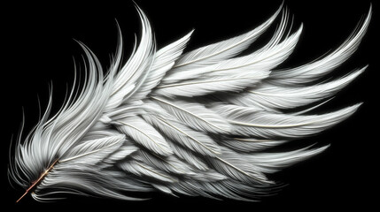 A wing of white feathers on a black background design art