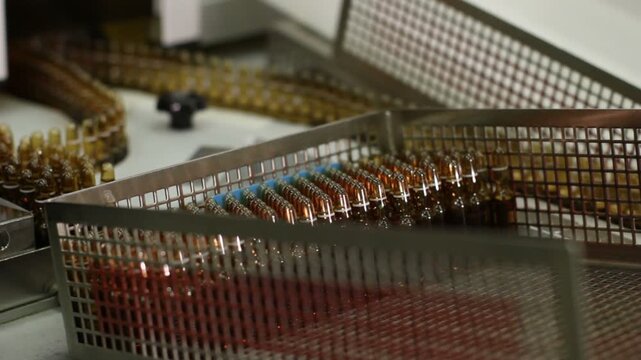 High-definition footage of an automated cleanroom assembly where glass ampoules are washed, filled with injectable medication, sterilized, and hermetically sealed. Showcases precision robotics, strict