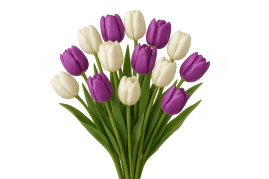 Purple and white tulips bouquet celebrating spring on transparent background - Powered by Adobe