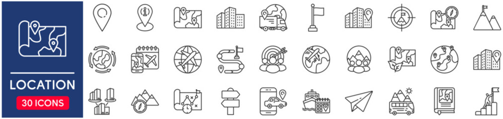 Location Web Icon Set in Line Style. vector illustration concept relate to location, map, pin, place, pointer, navigation, vector, point, symbol, travel