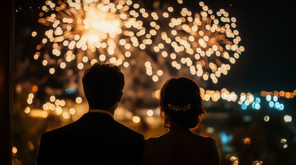Couple Watches Colorful Fireworks Display From A Window At Night