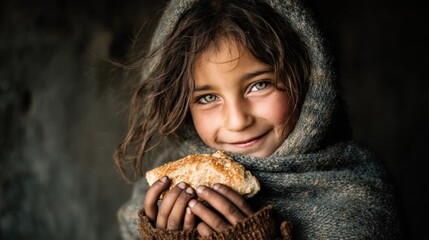 Child eating bread closeup