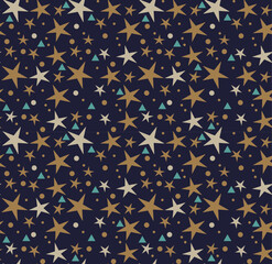 Winter Seamless Vector Pattern with Stars on a dark Blue Background.	