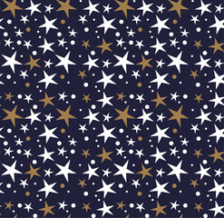 Winter Seamless Vector Pattern with Stars on a dark Blue Background.	