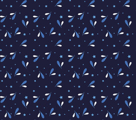 Winter Seamless Vector Floral Pattern with Green Branches, Leaves and Stars on a dark Blue Background.	