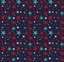 Winter Seamless Vector Pattern with Stars on a dark Blue Background.	