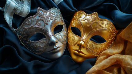 Elegant Gold and Silver Venetian Masks with Glitter on Dark Fabric