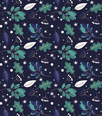 Winter Seamless Vector Floral Pattern with Green Branches, Leaves and Stars on a dark Blue Background.	
