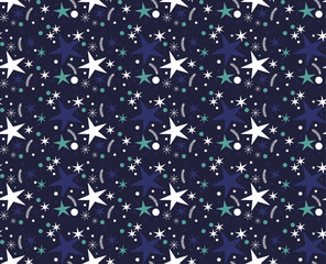 Winter Seamless Vector Pattern with Stars on a dark Blue Background.	