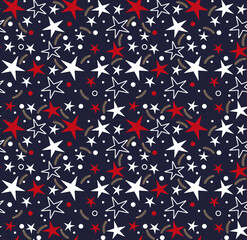 Winter Seamless Vector Pattern with  Stars on a dark Blue Background.	