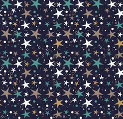 Winter Seamless Vector Pattern with Stars on a dark Blue Background.	
