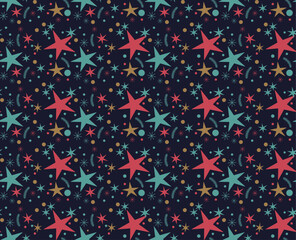 Winter Seamless Vector Pattern with  Stars on a dark Blue Background.	