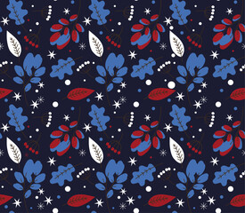 Winter Seamless Vector Floral Pattern with Branches, Leaves and Stars on a dark Blue Background.	