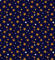 Winter Seamless Vector Floral Pattern Gold Yellow Stars on a dark Blue Background.	