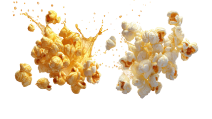 Two popcorn clusters exploding in mid air isolated on transparent background