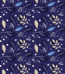Winter Seamless Vector Floral Pattern with Branches, Leaves and Stars on a dark Blue Background.	