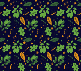Winter Seamless Vector Floral Pattern with Green Branches, Leaves and Stars on a dark Blue Background.	