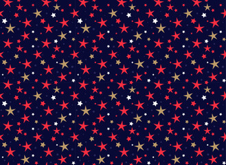 Winter Seamless Vector Pattern with Red Stars on a dark Blue Background.	