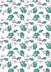 Winter Seamless Vector Floral Pattern with Green Branches and Leaves on a White Background.	
